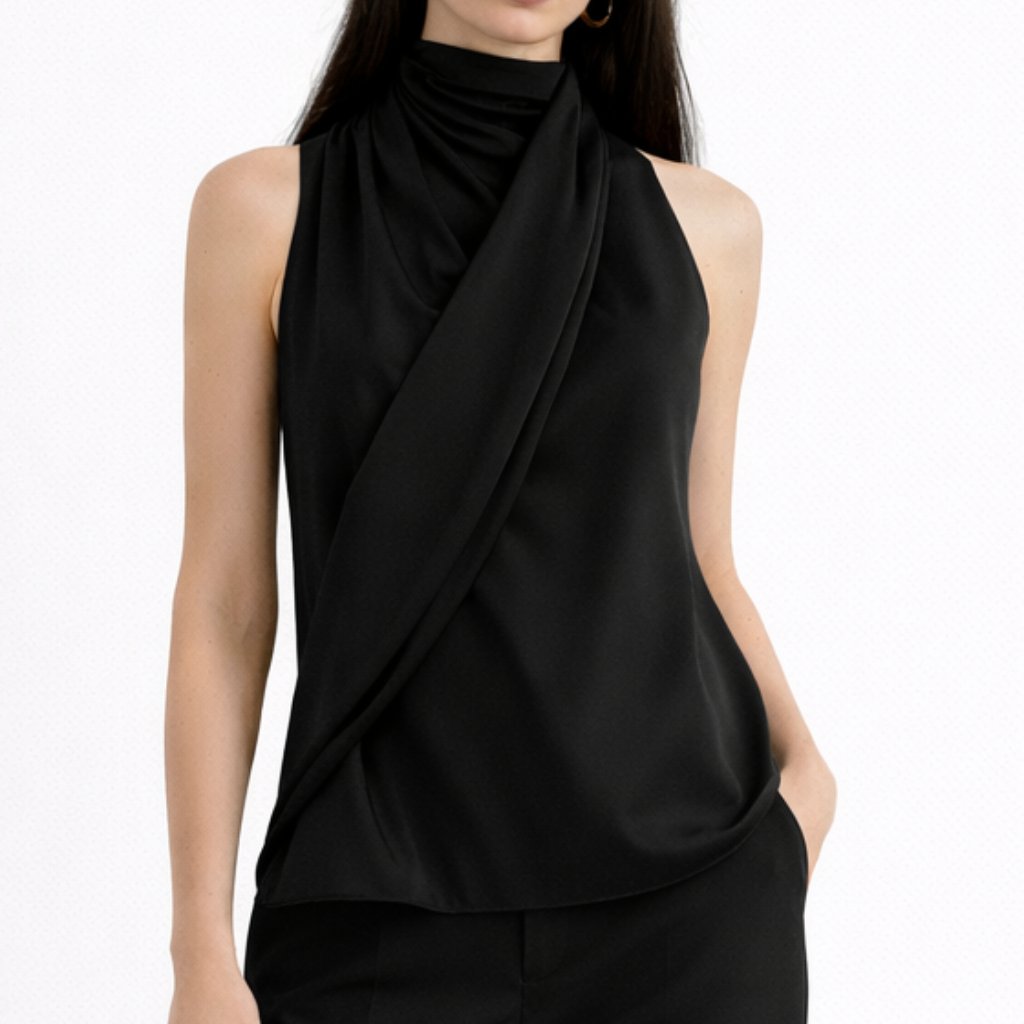 Giorgio Armani Vintage Main Line Black 100% Silk Draped Top, Size 42 / Us 6